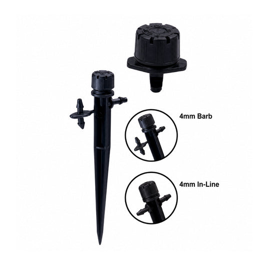 FLOW DRIPPER ADJUSTABLE 360 DEG 0-33 LPH 4MM BARBED
